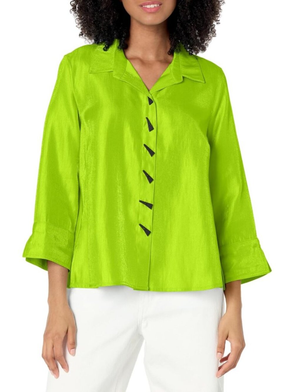 Chic Turn-Up Cuff Three-Quarter Sleeve Button Front High-Low Shirt for Women